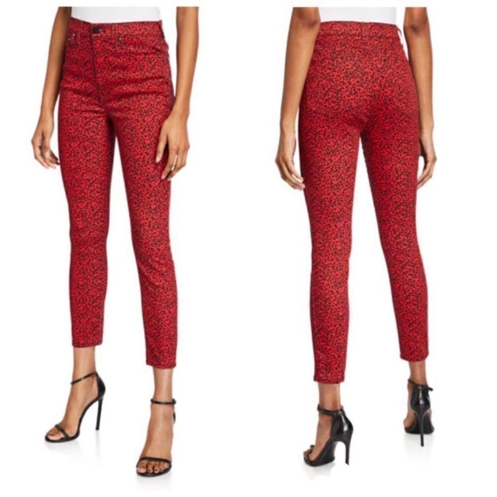 ALICE + OLIVIA JEANS "Good" High-Rise Ankle Jeans Mini Leopard Ruby Red 29
